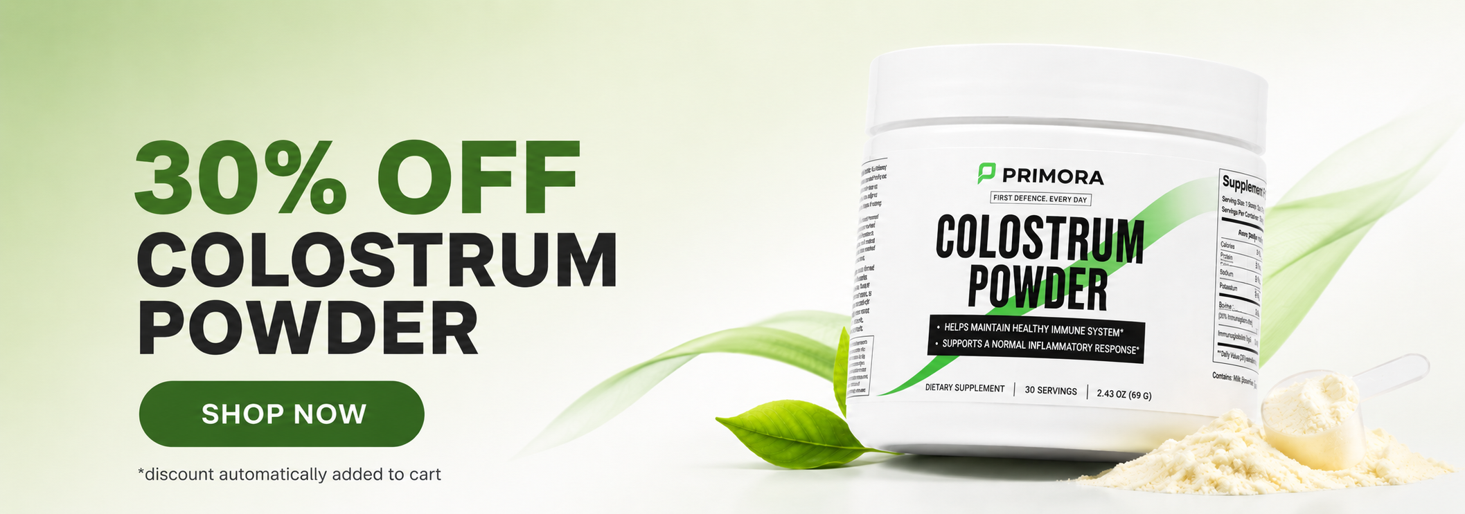 30% off Primora Colostrum Powder — shop now, discount automatically added to cart