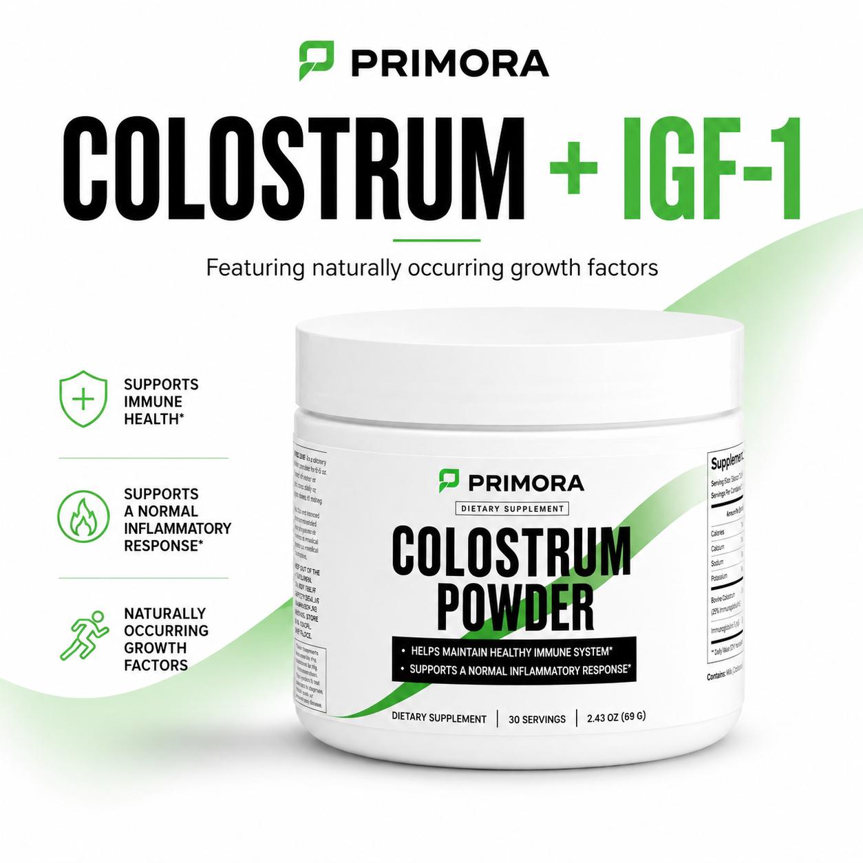 Primora Colostrum Powder with naturally occurring IGF-1 growth factors — supports immune health and a normal inflammatory response